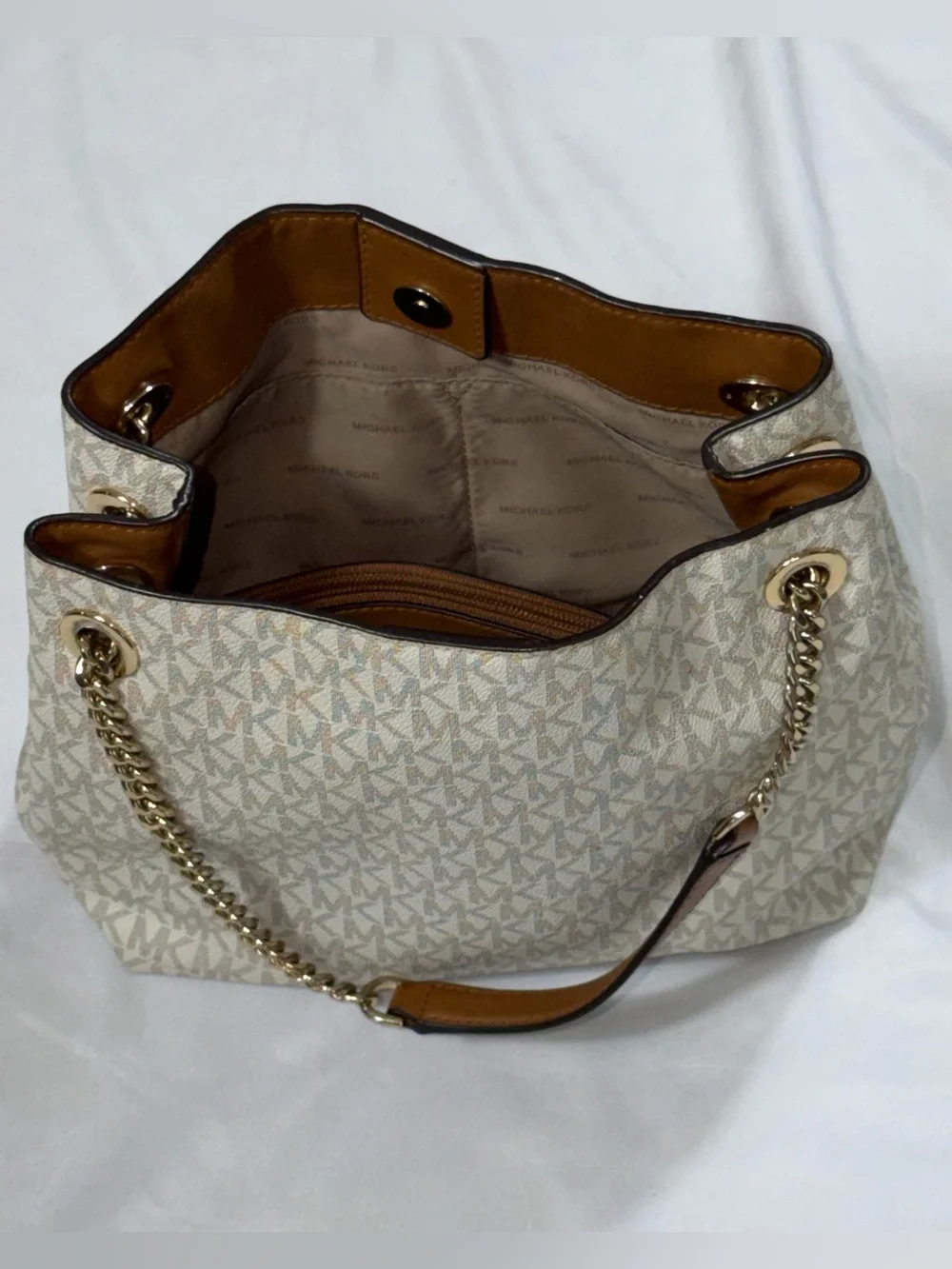 Michael Kors Susannah Medium Vanilla MK Logo Chain Shoulder Tote Bag